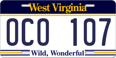 WV license plate OCO107