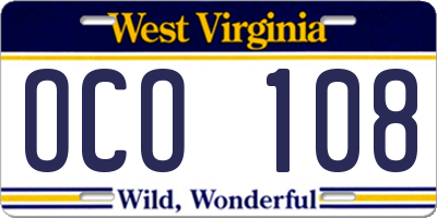 WV license plate OCO108