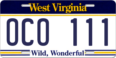 WV license plate OCO111