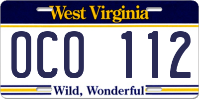 WV license plate OCO112