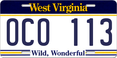 WV license plate OCO113