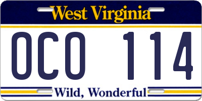 WV license plate OCO114
