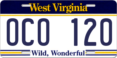 WV license plate OCO120