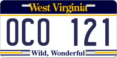 WV license plate OCO121
