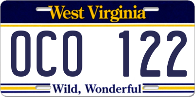 WV license plate OCO122