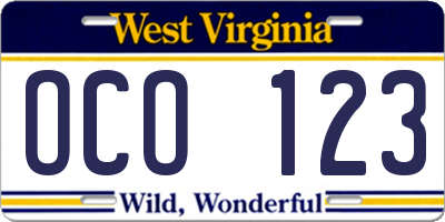 WV license plate OCO123