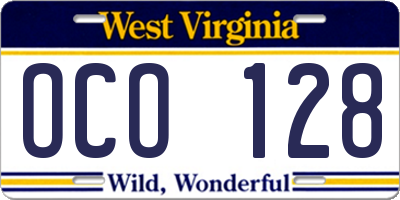WV license plate OCO128
