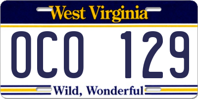 WV license plate OCO129