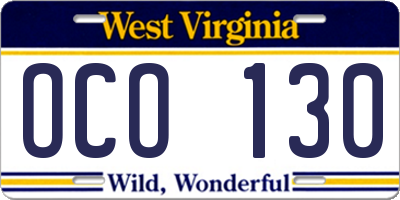 WV license plate OCO130
