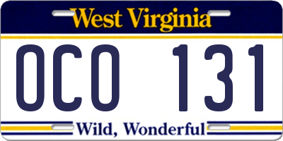 WV license plate OCO131