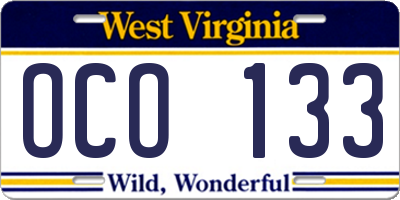 WV license plate OCO133