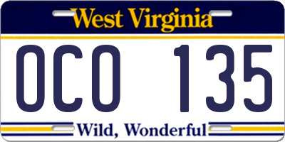 WV license plate OCO135