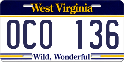 WV license plate OCO136