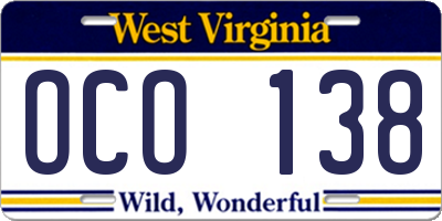WV license plate OCO138
