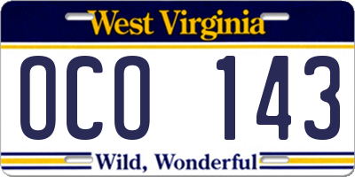 WV license plate OCO143