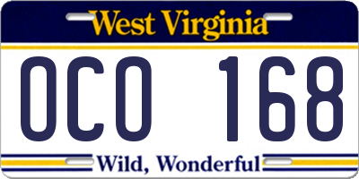 WV license plate OCO168