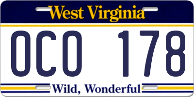 WV license plate OCO178