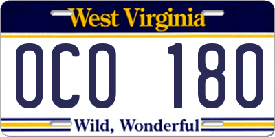 WV license plate OCO180
