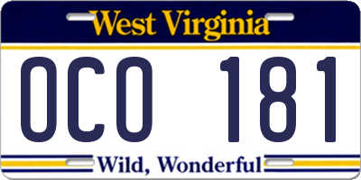 WV license plate OCO181