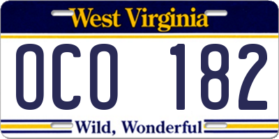 WV license plate OCO182