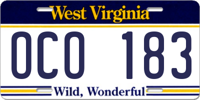 WV license plate OCO183