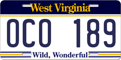 WV license plate OCO189