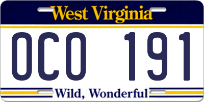 WV license plate OCO191