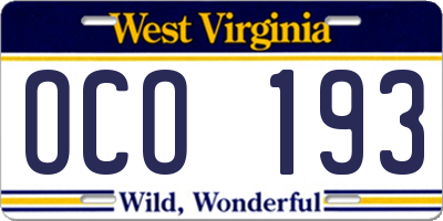 WV license plate OCO193