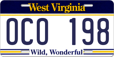 WV license plate OCO198