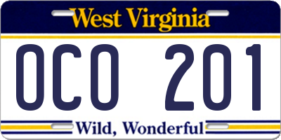 WV license plate OCO201