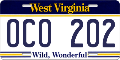 WV license plate OCO202
