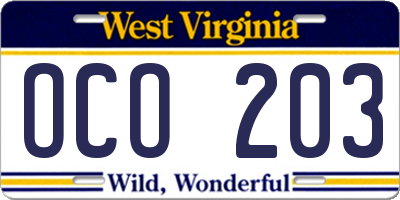 WV license plate OCO203