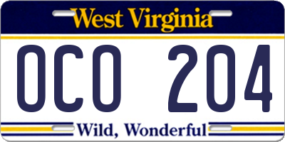WV license plate OCO204