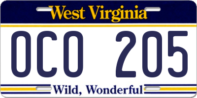 WV license plate OCO205