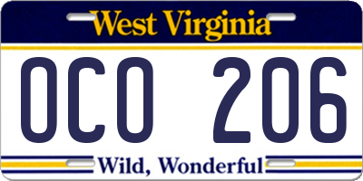 WV license plate OCO206