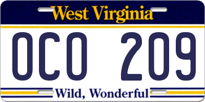 WV license plate OCO209