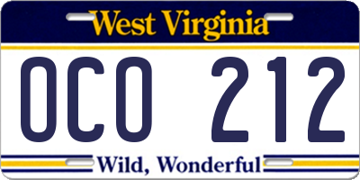 WV license plate OCO212