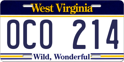 WV license plate OCO214