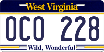 WV license plate OCO228