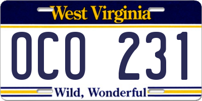 WV license plate OCO231