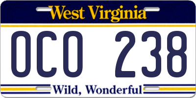 WV license plate OCO238