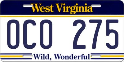 WV license plate OCO275