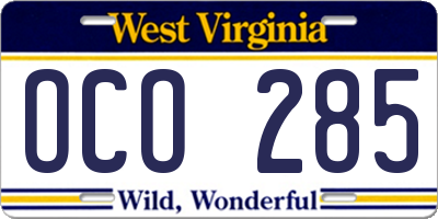 WV license plate OCO285