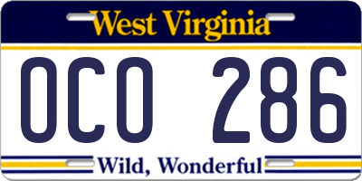 WV license plate OCO286
