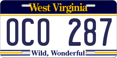 WV license plate OCO287