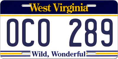 WV license plate OCO289
