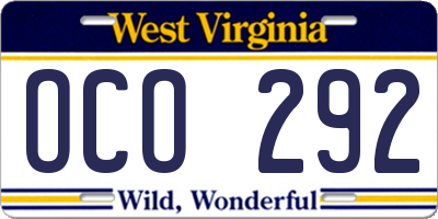 WV license plate OCO292