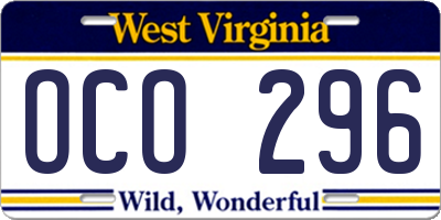 WV license plate OCO296
