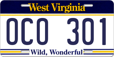 WV license plate OCO301