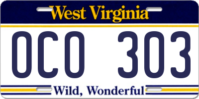 WV license plate OCO303